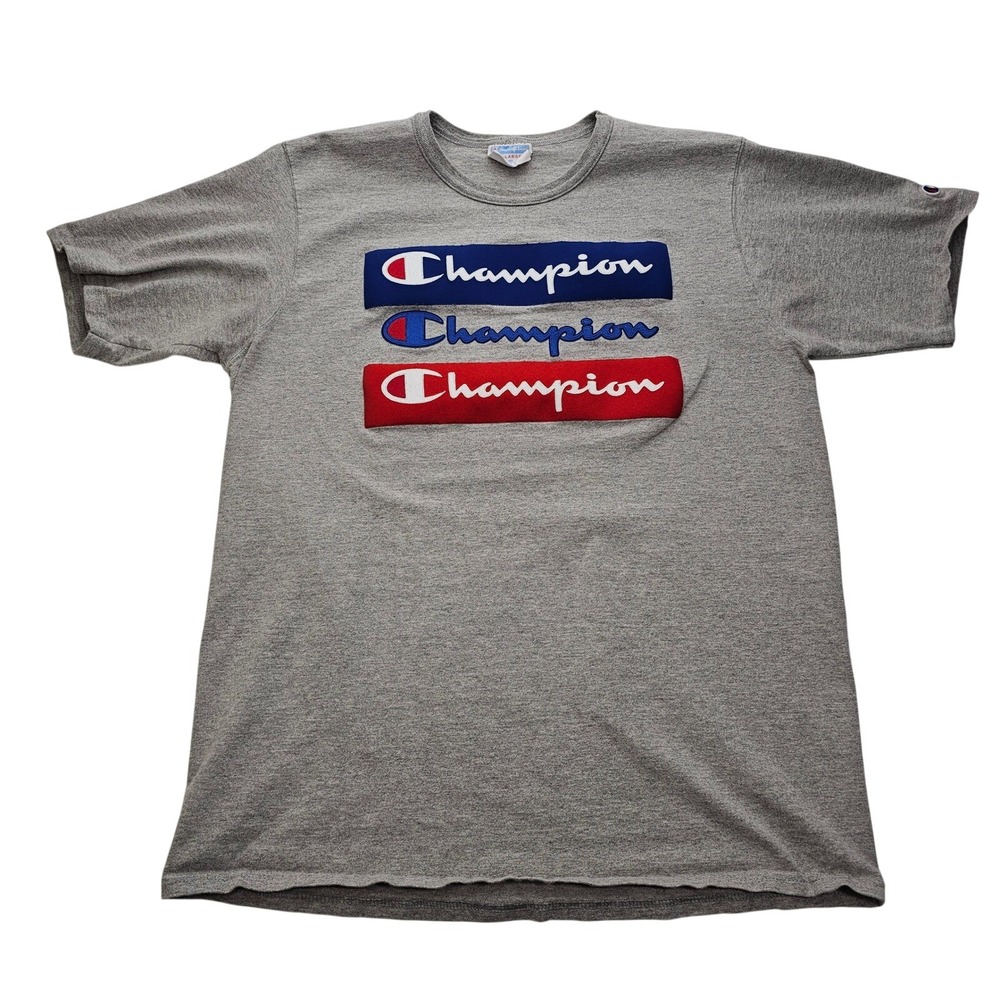 Champion Mens Triple Logo Graphic T-Shirt Heather‎ Gray XL Preppy Y2K Tee